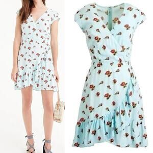 J Crew Mercantile Baby Blue Rose Floral Cap Sleeve Faux Wrap Ruffle Mini Dress